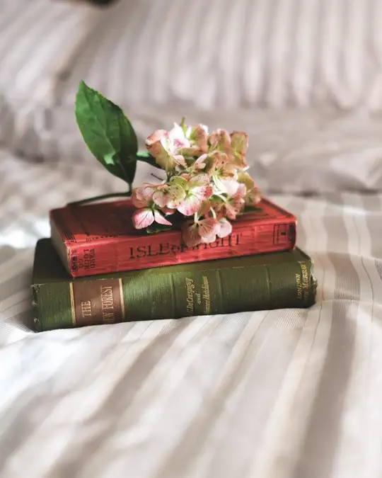 Deux livres et une fleur posés sur un lit
