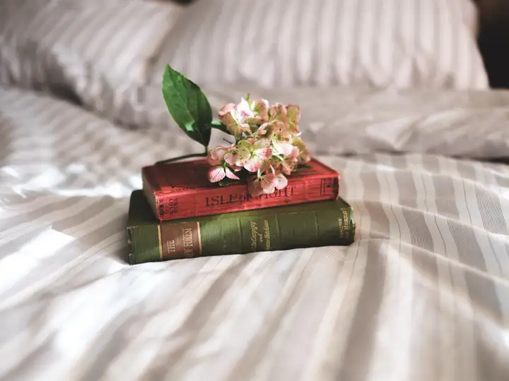 Deux livres et une fleur posés sur un lit